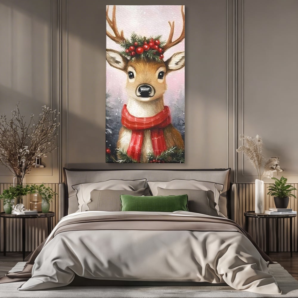 Tablou canvas cu tablou canvas cu ren festiv, fara rama, pe sasiu de lemn, pe perete intr-un dormitor